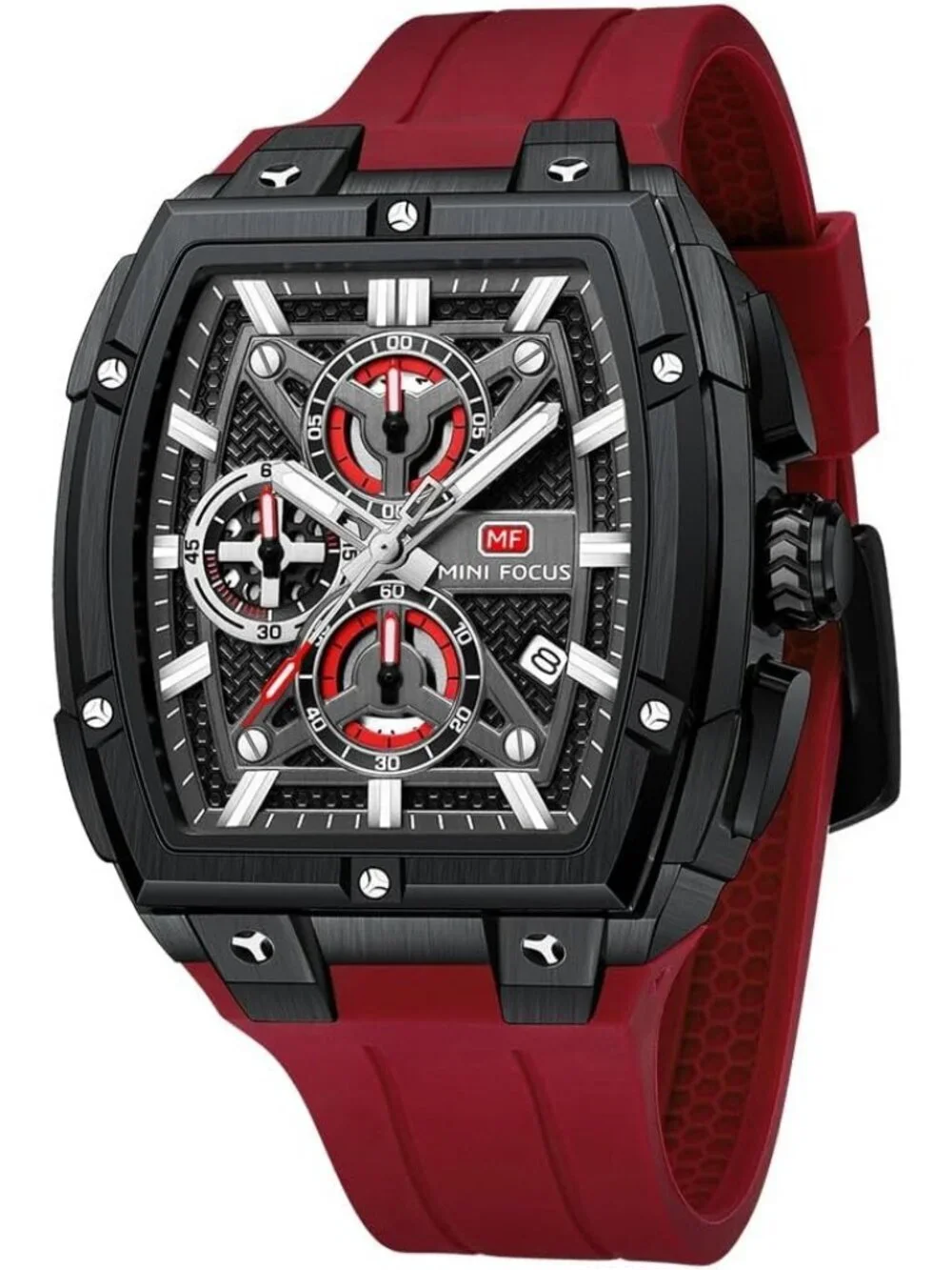 Mens Red Black Analog Wrist Skeleton Tonneau Chronograph Ideal Enthusiasts Watch